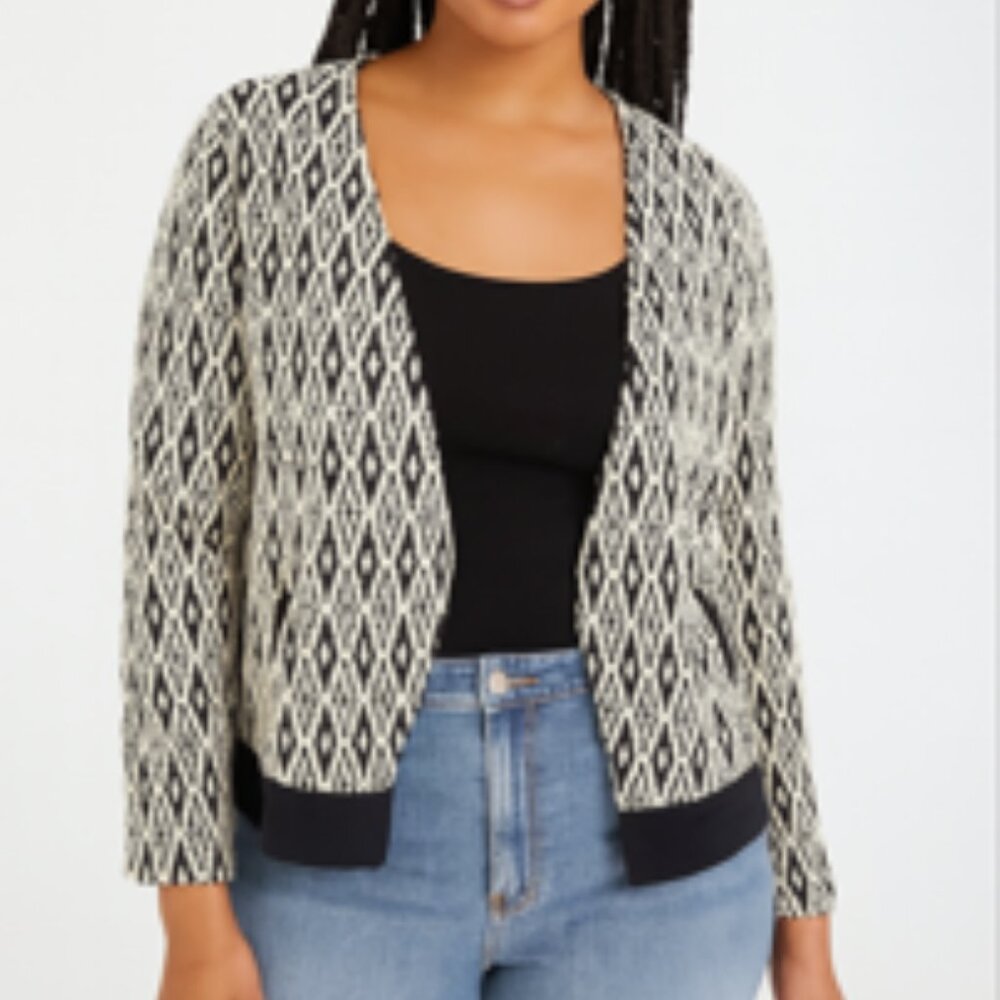 Ny Collection Contemporary Geometric Open Front V-Neck Black White Blazer Large